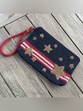 Navy Star Beaded with Red Stripe Wristlet Clutch